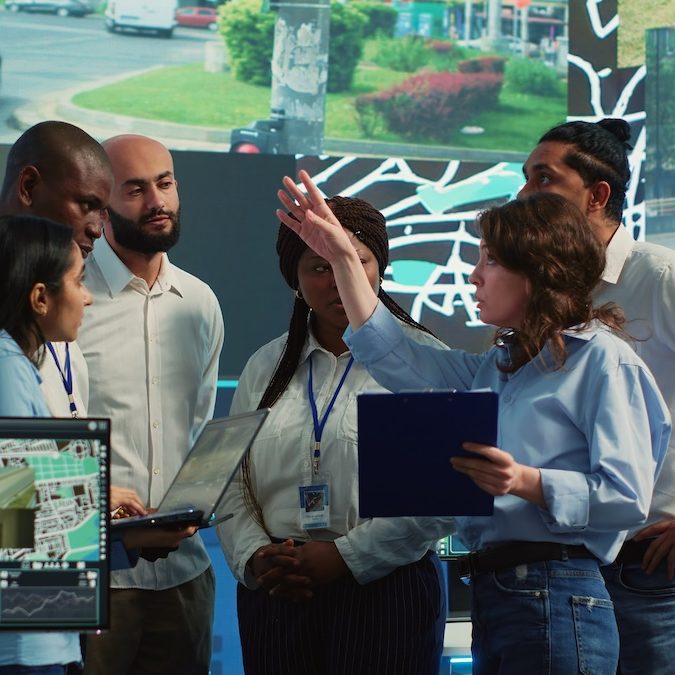 Diverse employees group discussing ways to speed up order delivery